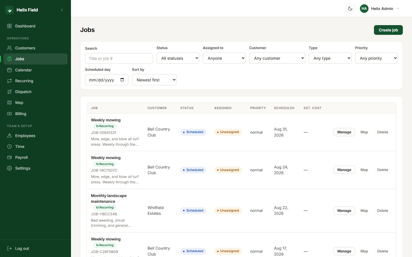 Helix Field jobs list with filters