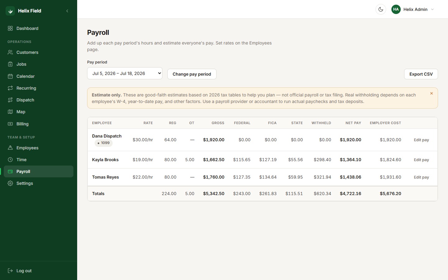 Helix Field billing and invoicing